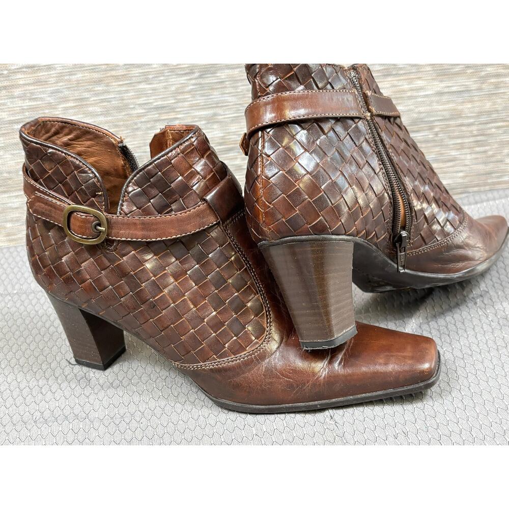Setso Meucci Leather Ankle Boots Womens 8 Brown Woven Zip Buckle Italy Made